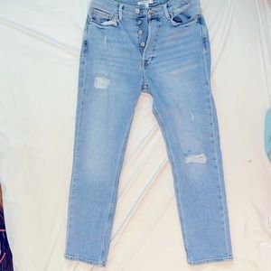 Skinny straight jeans with distress in light wash